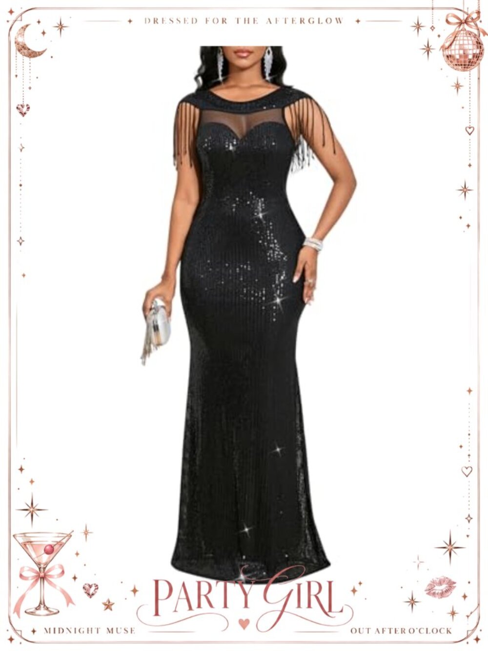 Sequin Tassel Mesh Bodycon Maxi Evening Gown Dress